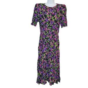 Vintage 80s Floral Maxi Dress 11 12 Puff Sleeves Pleated Yoke Black Purple